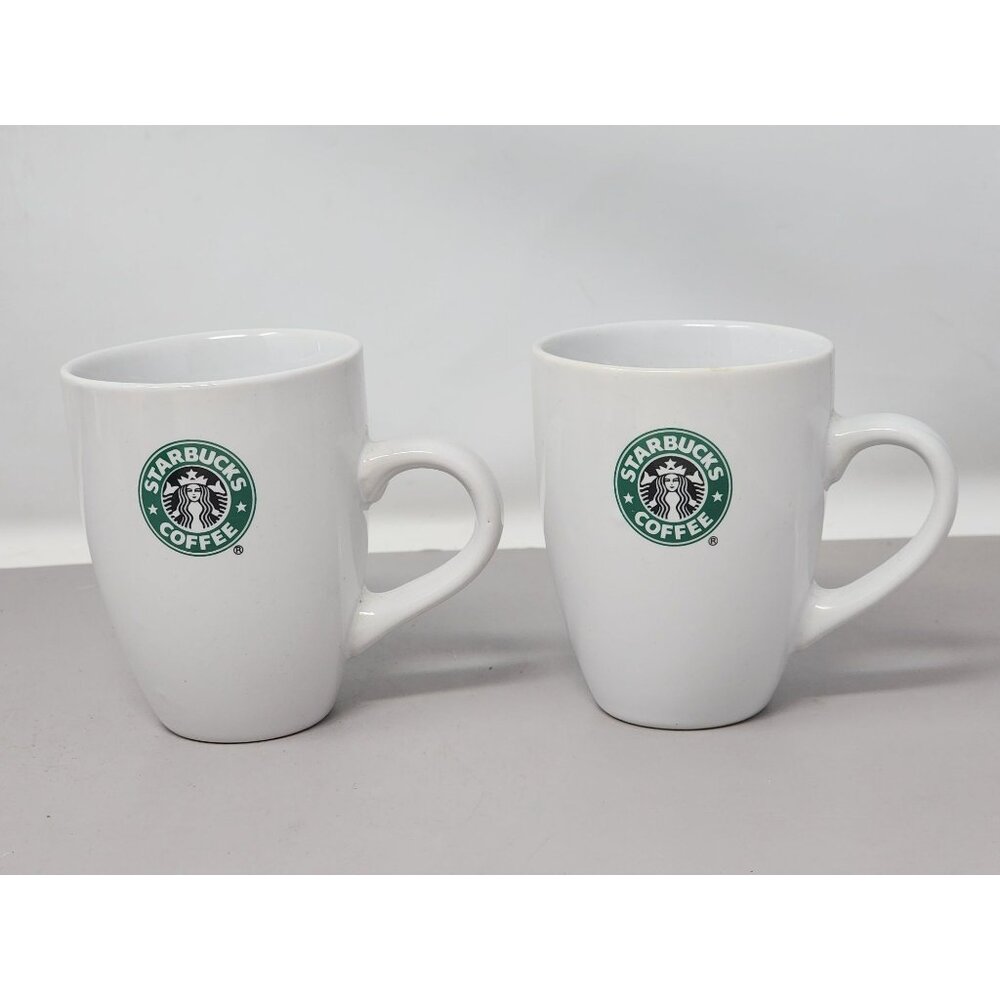Starbucks Coffee White Ceramic Mugs Set Of 2 With Green‎ Logo 12 Oz Capacity